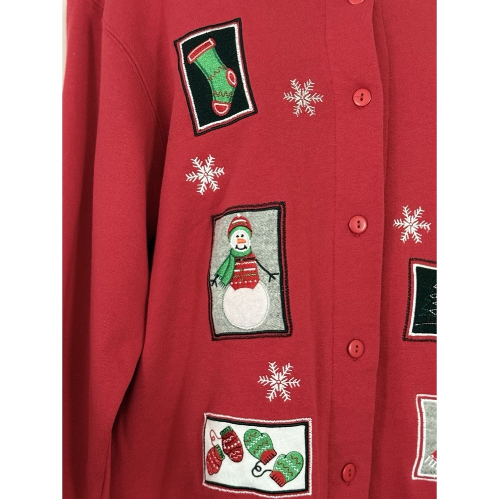 VTG Holiday Traditions Red Grandma Cardigan XL w/Embroidered Christmas Patches - Picture 4 of 11